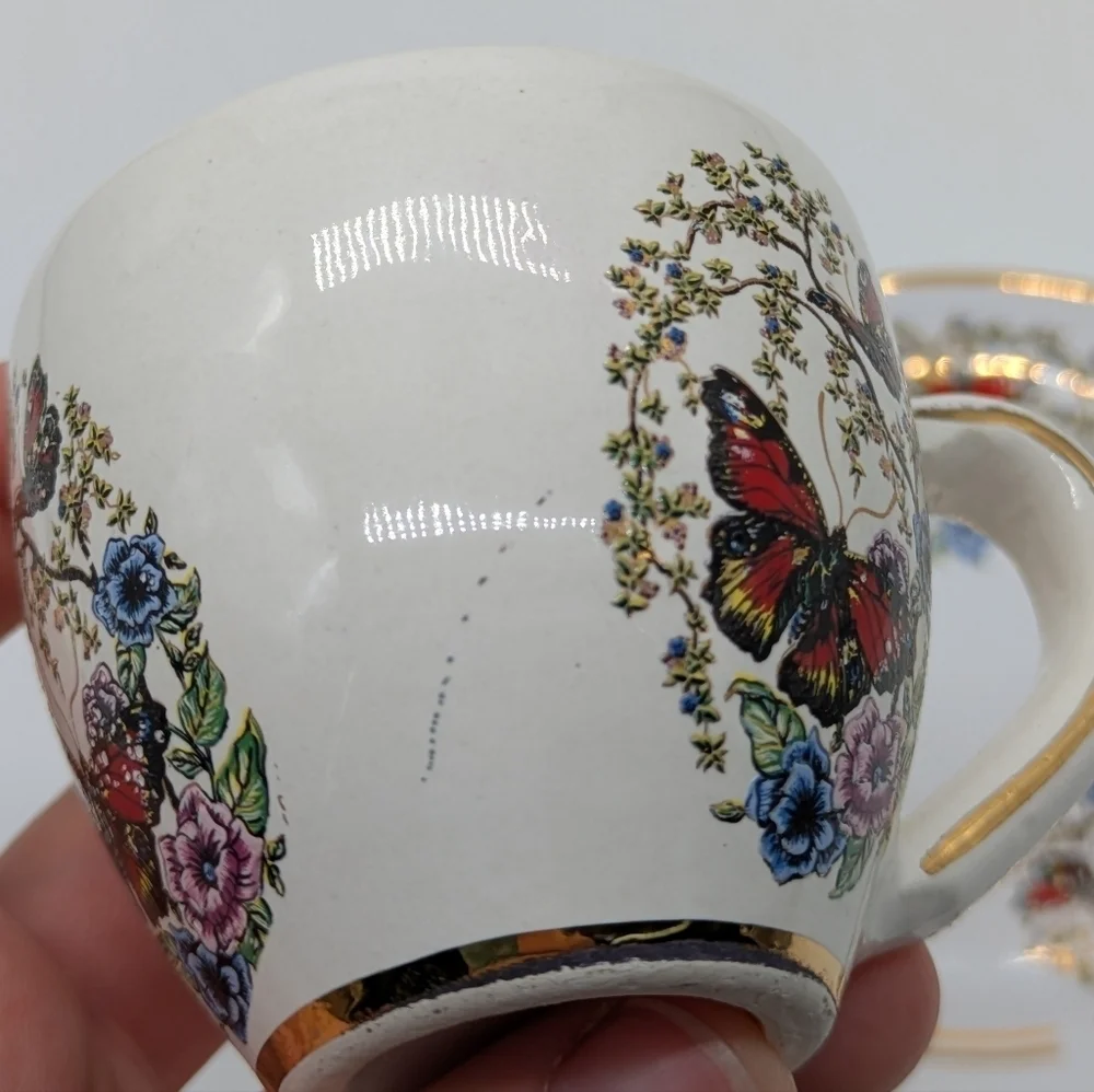 Manousakis Keramik Small Ceramic Butterfly Floral Bone China Espresso Tea Cup